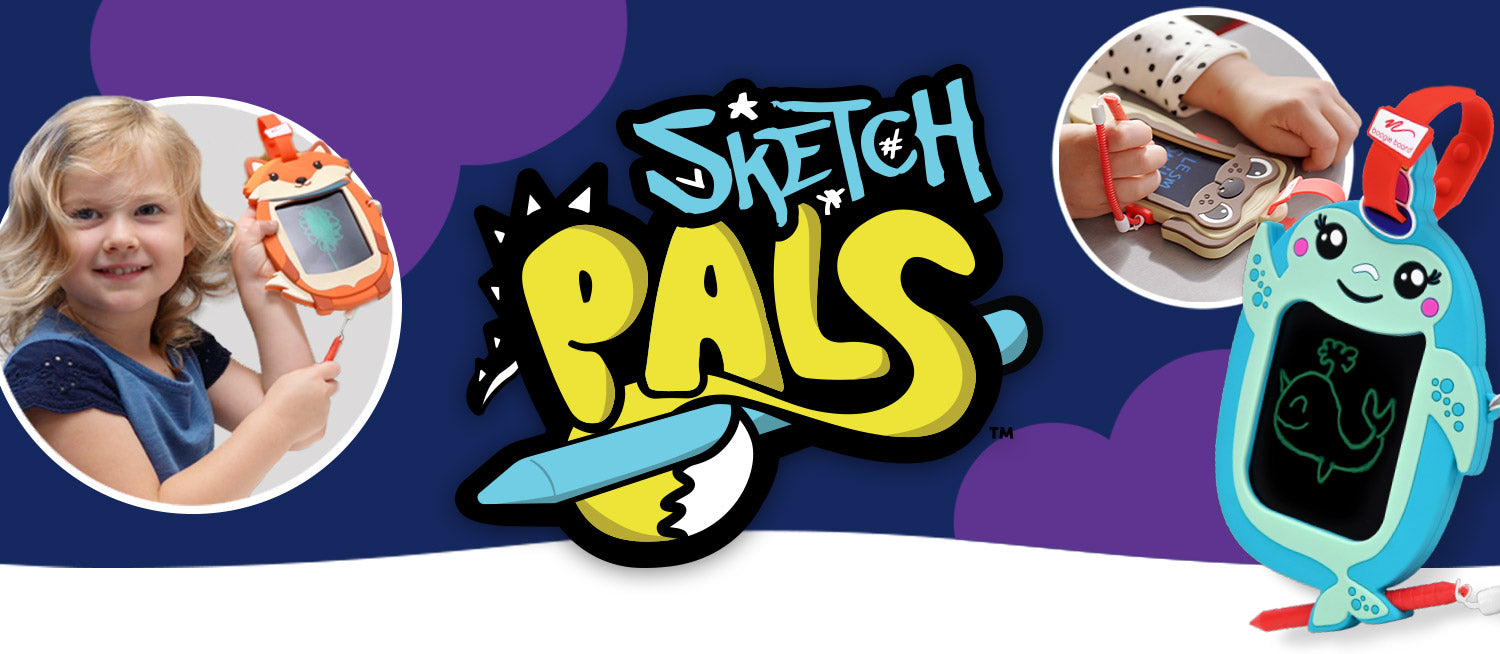 Sketch Pals - Girl holding doodle sketch animal drawing boards and writing