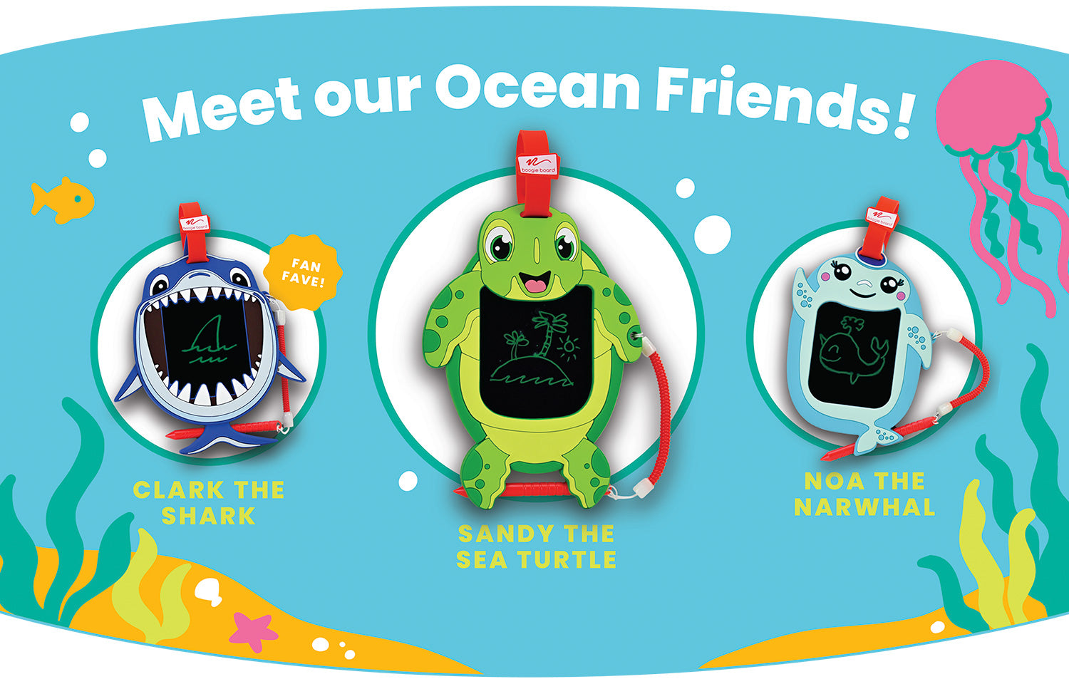 Meet our Ocean Friends! Animal drawing boards - Clark the Shark, Sandy the Sea Turtle and Noa the Narwhal doodle sketch
