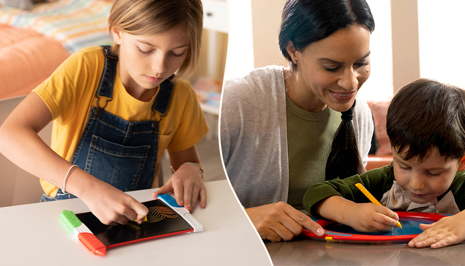 Girl playing with Scribble n' Play and Mom and Son with Play n' Trace