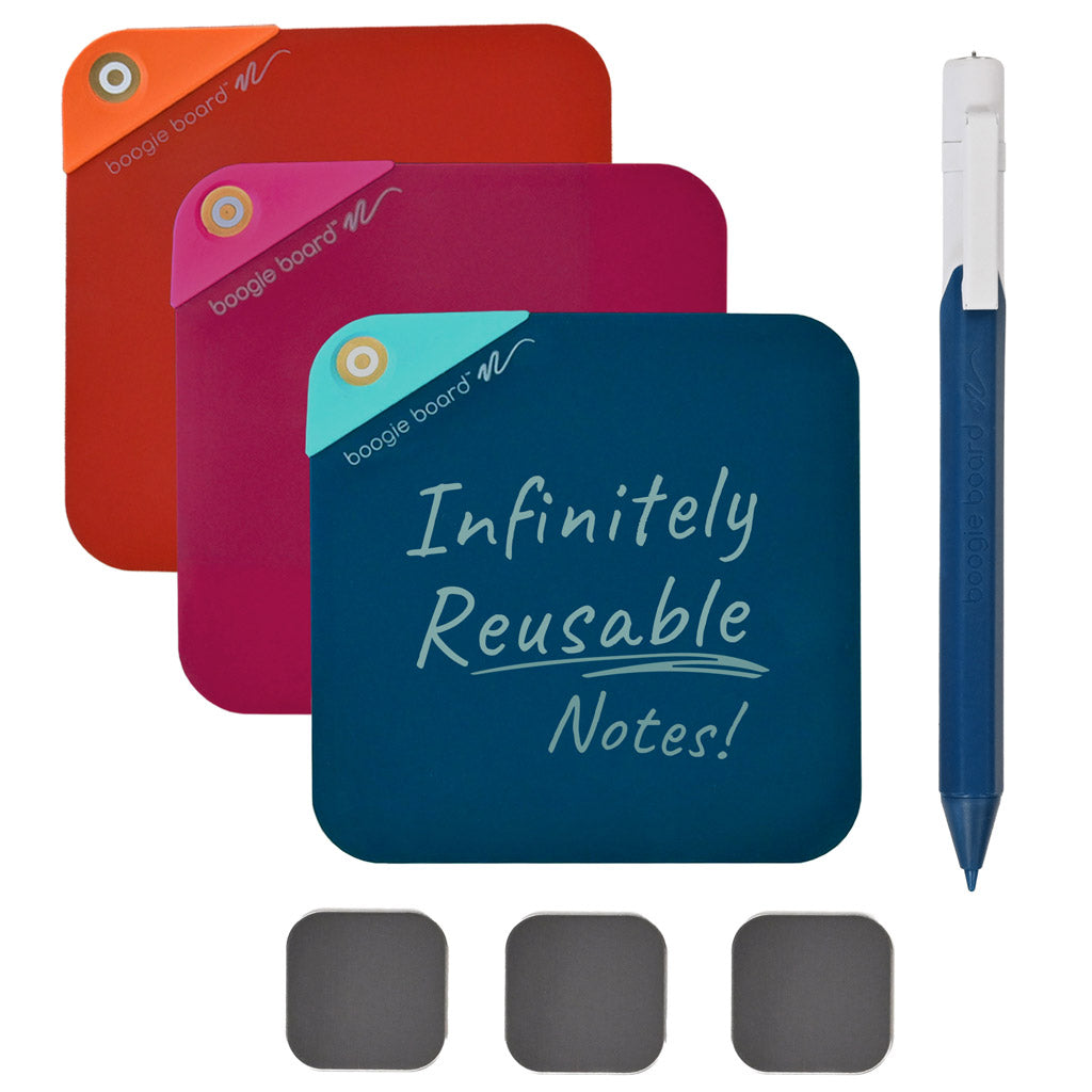 A set of three colorful reusable notepads next to a pen