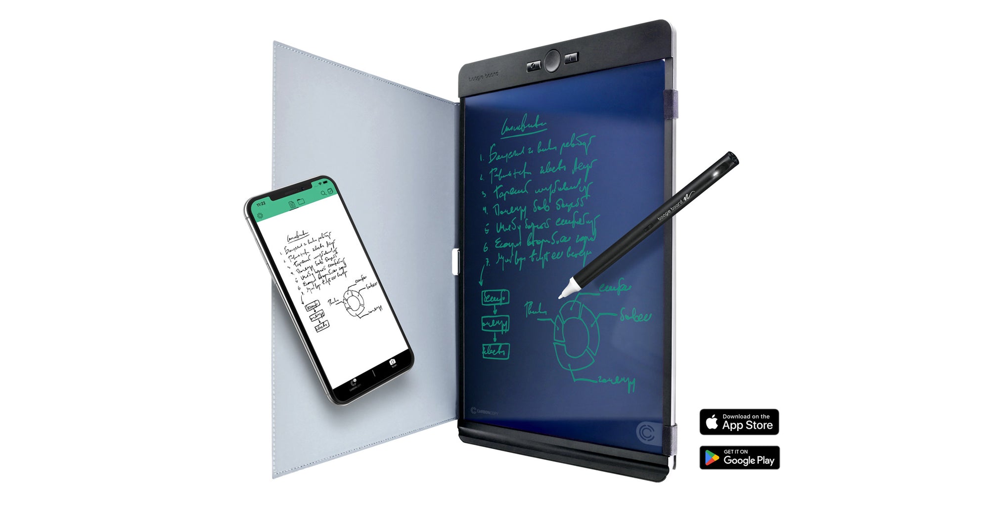 Image of Blackboard Letter with Smart Pen - Folio and writing on display - app icons and app displayed on phone