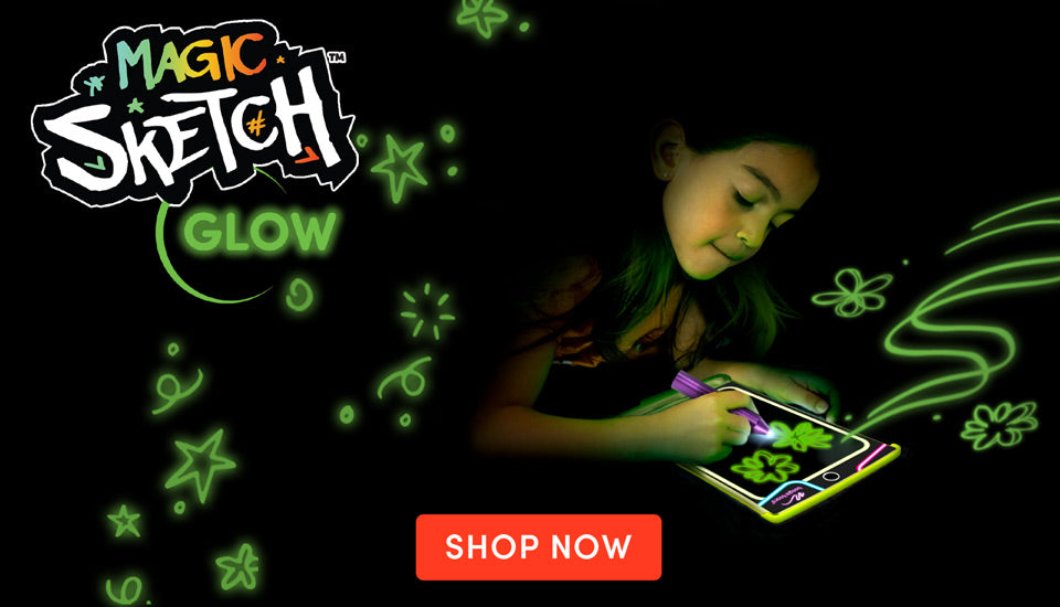 Magic Sketch Glow logo and girl using writing tablet