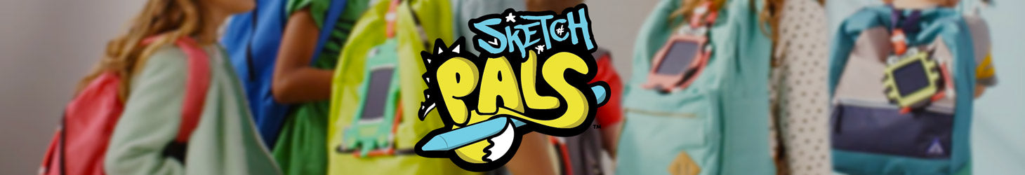 Banner Image kids with Sketch pals on Backpacks and Sketch Pals Logo