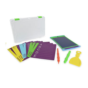 Magic Sketch™ Kids Drawing Kit with Storage Case all included items shown - temaplets, tools, tablet, case
